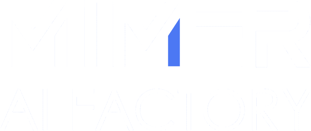 The logo of Mimer AI Factory. Straight modern white lines, with one blue line in the second M.
