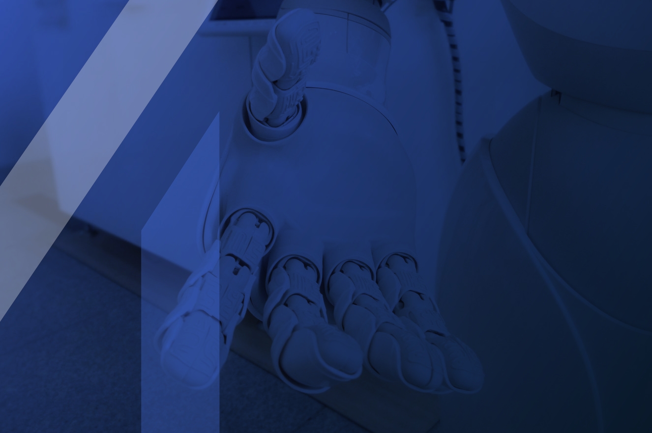 A robot hand with a blue gradient and a modern letter M for Mimer